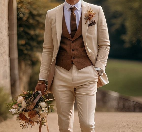 تصویر کت شلوار کرم با جلیقه قهوه‌ای